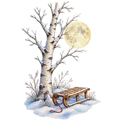 A snowy white birch and a small sleigh under a full moon