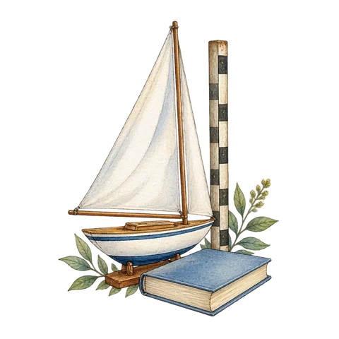 A lone white sail beside a measuring rod and a poetry book