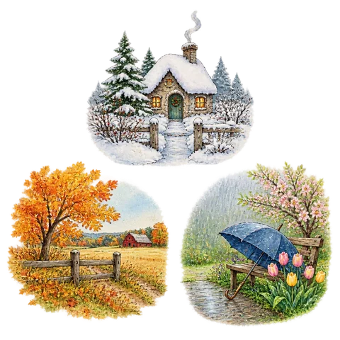 Three small seasonal views showing snow, an autumn field and spring rain