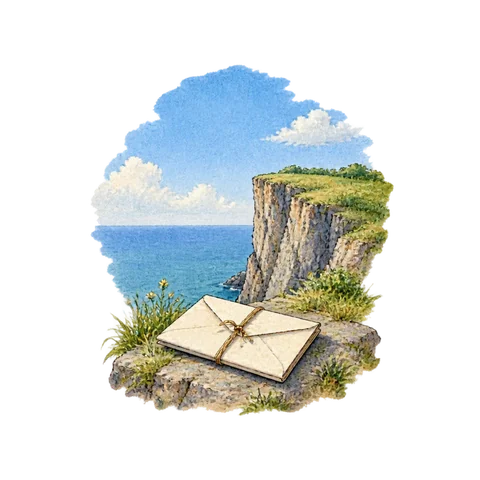 A small folded letter beneath a clearing sky and a solitary cliff