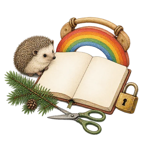 An open blank riddle notebook with a pine sprig, a small hedgehog, scissors, a padlock and a rainbow-shaped wooden carrying yoke