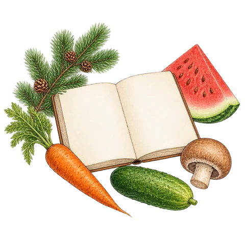 A pine sprig, carrot, cucumber, mushroom and slice of watermelon arranged around an open blank notebook