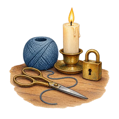 Scissors, a ball of thread, a candle and a small brass padlock on a work table