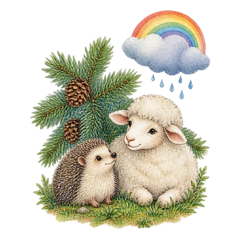 A hedgehog under pine branches with a woolly sheep and a small rainbow above a rain cloud