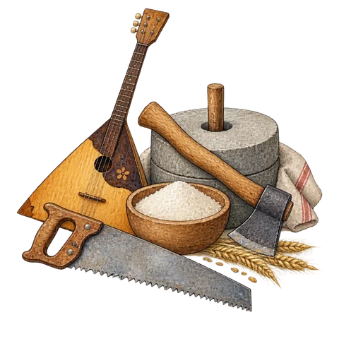 A wooden balalaika beside a hand saw, a resting axe and a bowl of flour near a small millstone