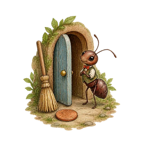 A neatly dressed ant at a tiny doorway beside a broom and small copper coin