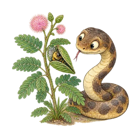 A small bee hiding in the folded leaves of a sensitive plant near a puzzled snake