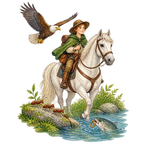 A white horse with a young traveler, an eagle, ants and a fish carrying a ring