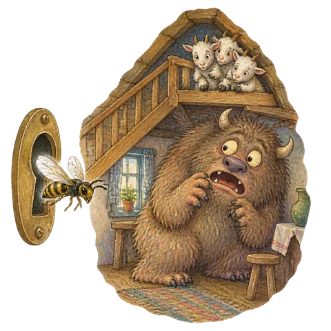 A brave wasp flying through a keyhole toward a startled shaggy storybook monster while three little goats shelter upstairs