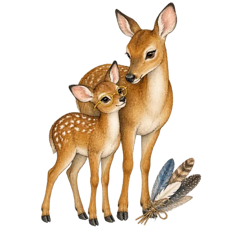 A young doe wearing little yellow spectacles beside her mother and a small bundle of feathers