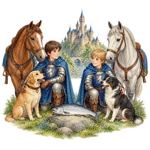 Two matching young knights with horses and dogs beside a silver fish and a distant enchanted castle