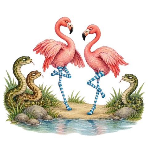Flamingos at a riverside dance wearing striped stockings while snakes look on suspiciously