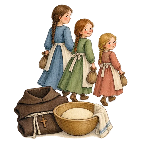 Three sisters leaving a tiny clean friar habit beside dough and a wooden bread bowl