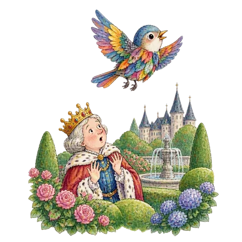 A tiny bird in a patchwork coat of borrowed colorful feathers above a surprised royal garden