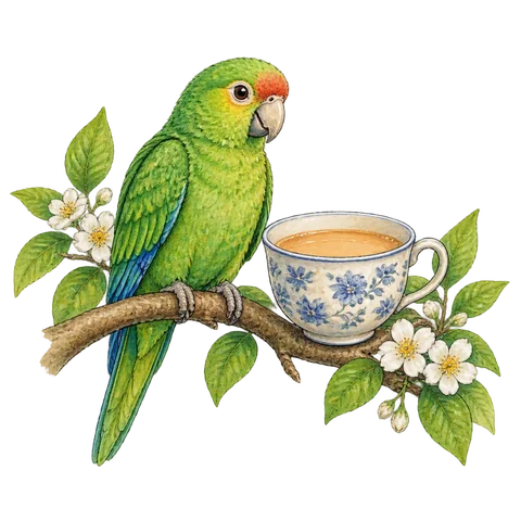 A green parrot named Pedrito on a garden branch beside a cup of milk tea