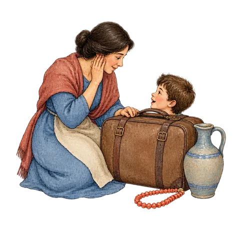 A mother recognizing a child’s voice beside a closed traveling bag, a water jug and a coral necklace