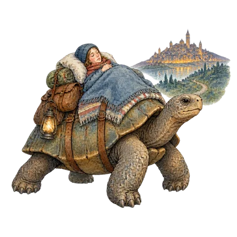 A giant tortoise carrying an ill traveler gently toward distant city lights
