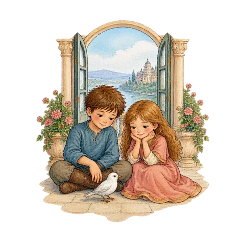 A small white bird resting beside a boy and girl in front of an open palace balcony