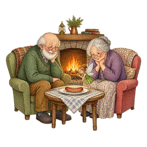 An elderly couple by a fireplace, a small fairy and a sausage on a plate