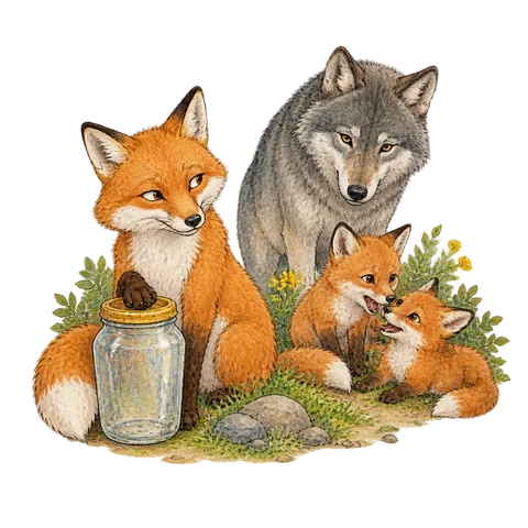 A sly fox beside an empty honey jar while a wolf watches two fox cubs