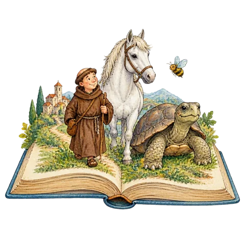 An open storybook with a tiny friar, a white horse, a giant tortoise and a small bee emerging from illustrated landscapes
