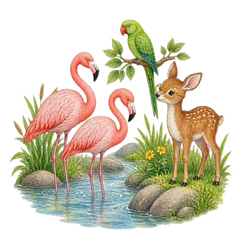 Flamingos by a river, a green parrot and a little doe with yellow spectacles
