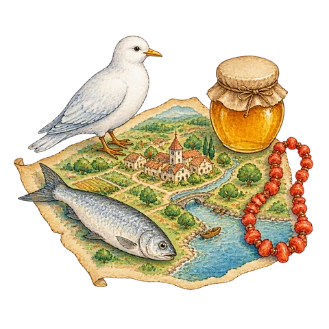 A white bird, silver fish, honey jar and coral necklace on a storybook map of a village