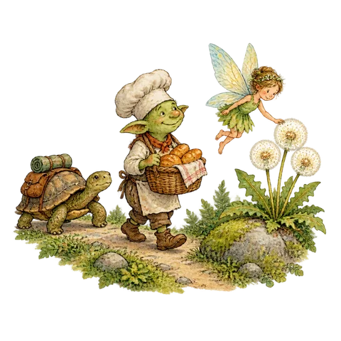 A small fairy near three wishes, a baker goblin and a tortoise following a forest path