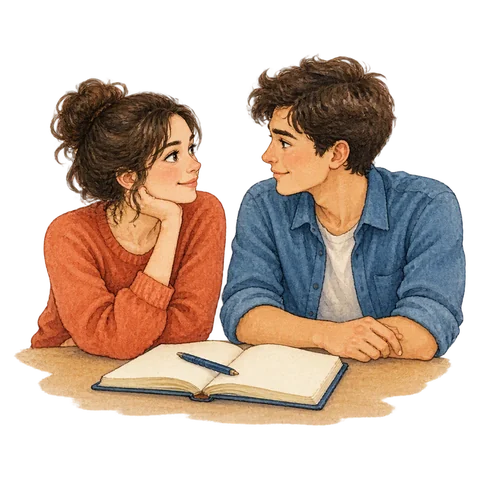 Two people meeting each other’s gaze beside an open notebook