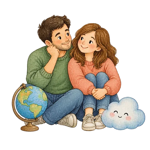 A tiny globe and a cloud beside a smiling couple