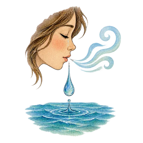 A teardrop joining the sea while a soft breath rises into the air