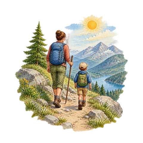 Two figures on a mountain path beneath sunlit sky