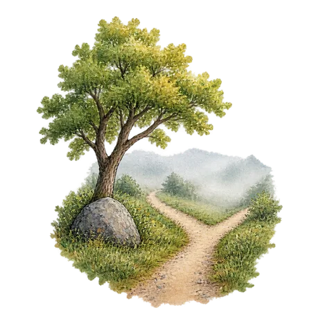 A tree and a stone beside a forked path fading into mist