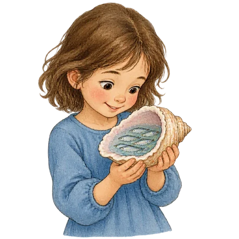 A child holding a seashell with tiny silver fish imagined inside