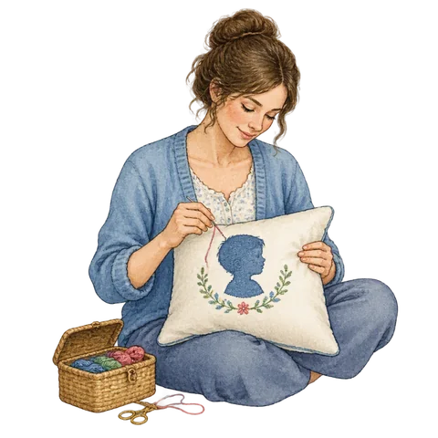 A mother embroidering a child’s silhouette on a soft pillow