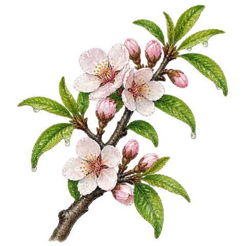 An almond tree in blossom with April raindrops on fresh green leaves