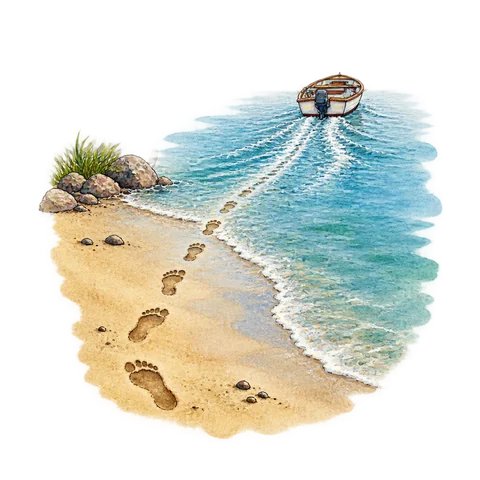 Footprints along a shore changing into a boat’s wake
