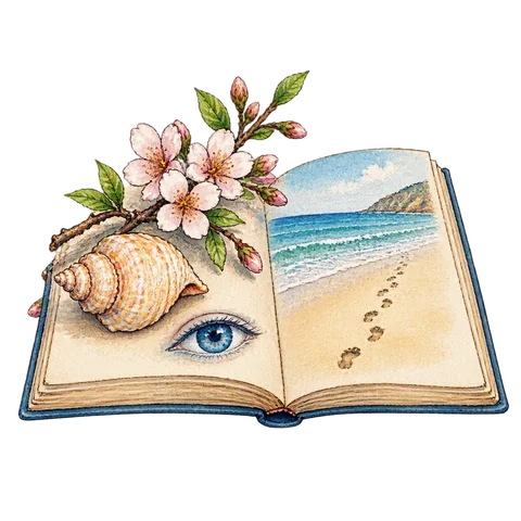 An open poetry book with a seashell, almond blossom, a blue eye motif and footprints leading toward the sea