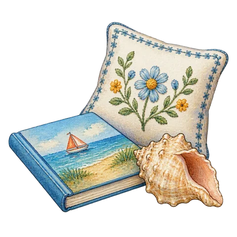 A seashell and an embroidered pillow beside a child’s book
