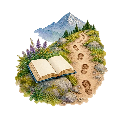 Footprints along a mountain path with an open poetry book