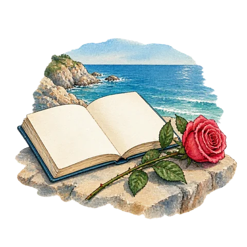 An open notebook beside a blue sea and a single rose