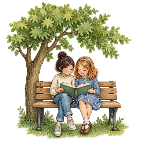 Two friends on a wooden bench sharing a book beneath a leafy tree