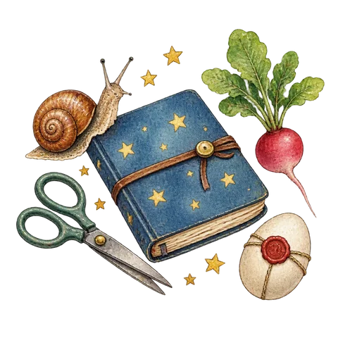 A riddle notebook with stars, a snail, scissors, a radish and a sealed egg arranged around it