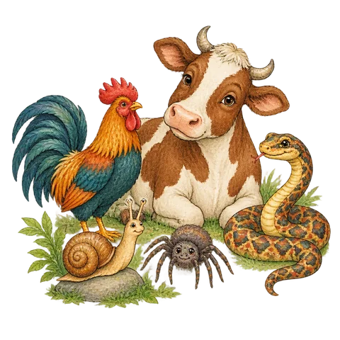 A snail, spider, cow, rooster and patterned snake arranged in a friendly picture puzzle