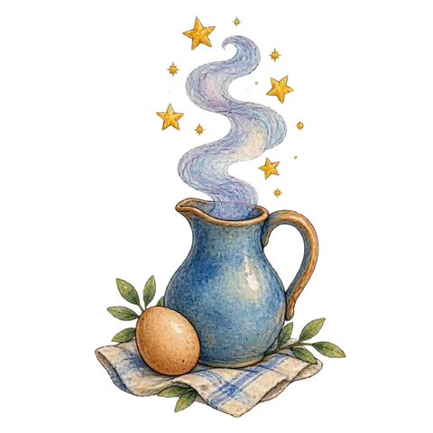 Stars over a small egg, jug and drifting smoke