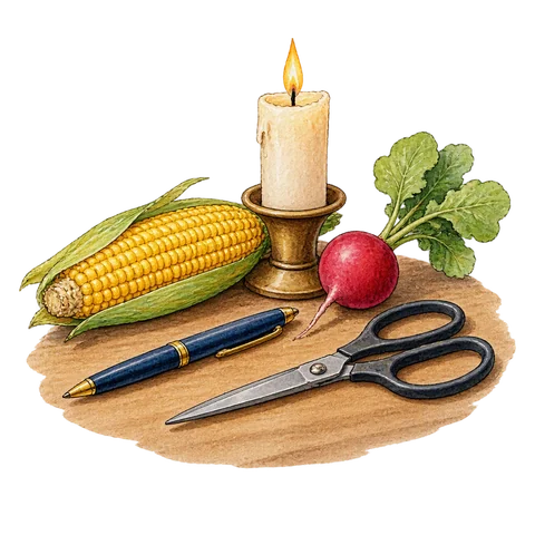 A pen, scissors, candle, corn cob and red radish on a simple tabletop