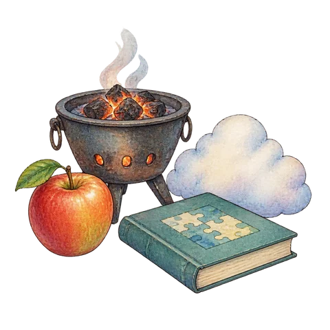 A portable brazier, an apple and a soft cloud beside a closed word-puzzle book