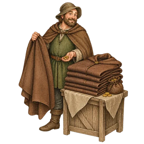 A cloak seller with a stack of brown cloaks and coins