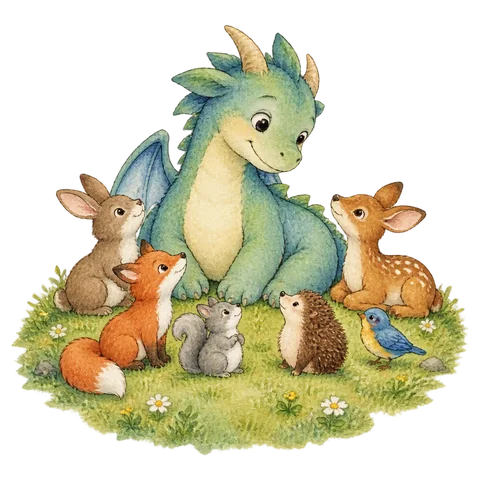 A whimsical creature and seven little companions on a gentle grassy slope