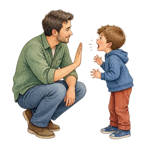 An uncle raising a calming hand to a noisy child